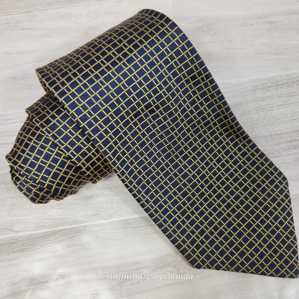 Lauren Ralph‎ Lauren 100% Silk Textured Men's NeckTie Navy With Yellow X-long